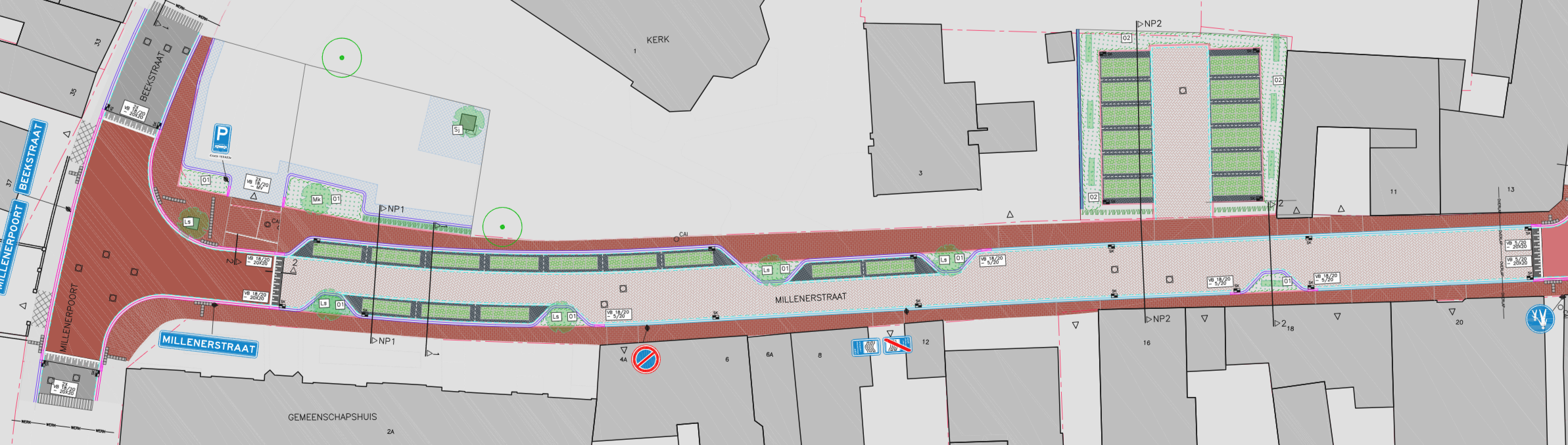 Tekening herinrichting Millenerstraat met parkeerplaatsen
